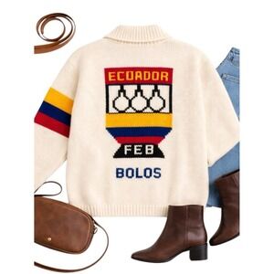 Handmade Ecuador Wool Sweater Jacket Trophy Graphic Zip Rare Women Medium